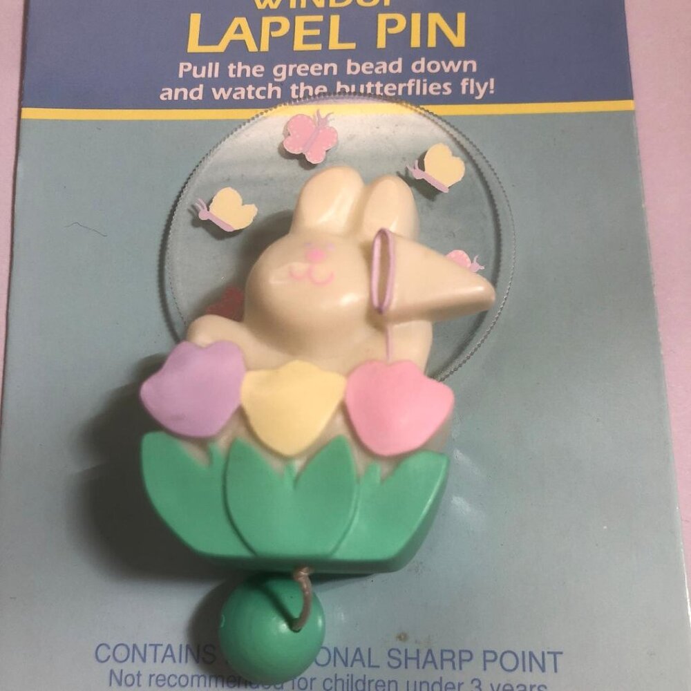 New Vintage Hallmark Lapel Pin Easter Pull Cord Bunny Catches Butterflies VIDEO